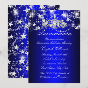 Blå Glittrande Tiara & Stjärnor Quinceanera Inbjudningar