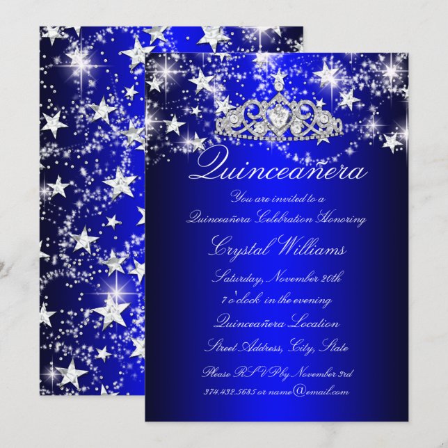 Blå Glittrande Tiara & Stjärnor Quinceanera Inbjudningar (Fram/baksida)