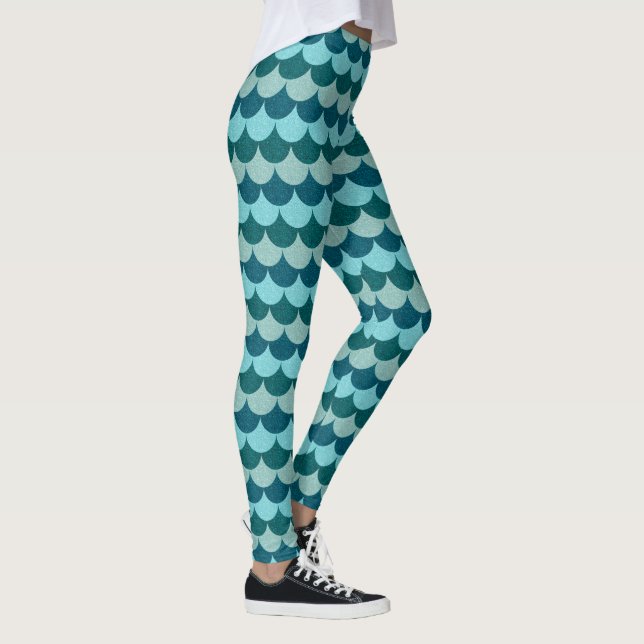 Blå Glittrig Fjällmönster av Sjöjungfru Leggings (Höger)