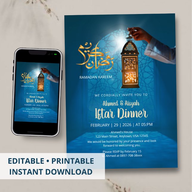 Blå Glöd Ramadan med Guldlykta Iftar Inbjudningar (Skapare uppladdad)