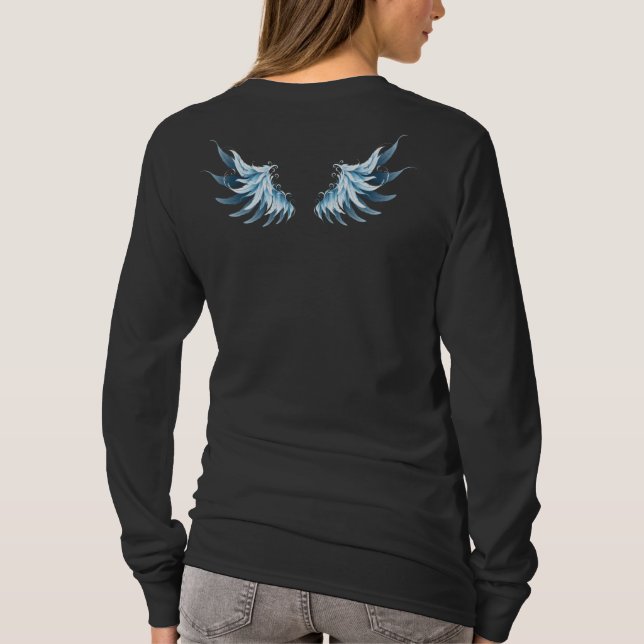 Blå glödande ängelvingar på svart bakgrund t shirt (Baksida)