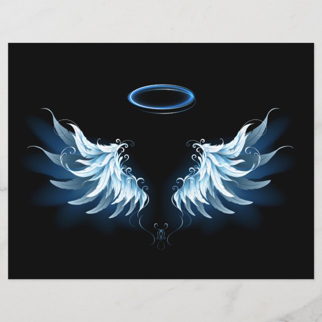 Blå glowing Angel Vingar på svart bakgrund (Framsida)