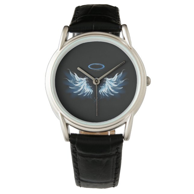 Blå glowing Angel Vingar på svart bakgrund Armbandsur (Framsida)