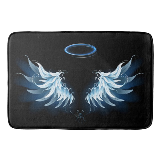 Blå glowing Angel Vingar på svart bakgrund Badrumsmatta (Framsidan)