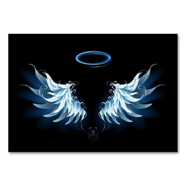 Blå glowing Angel Vingar på svart bakgrund Bordsnummer (Framsidan)