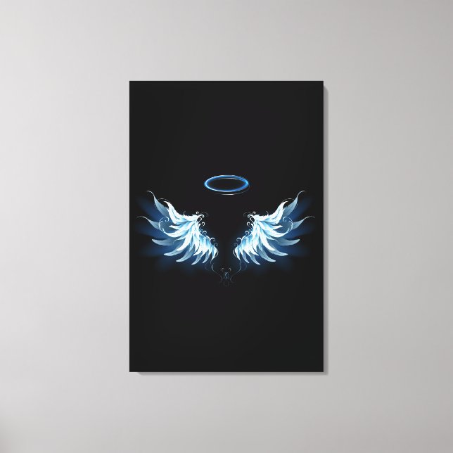 Blå glowing Angel Vingar på svart bakgrund Canvastryck (Framsida)