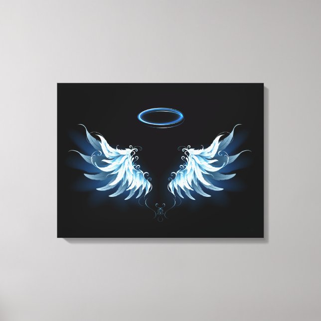 Blå glowing Angel Vingar på svart bakgrund Canvastryck (Framsida)