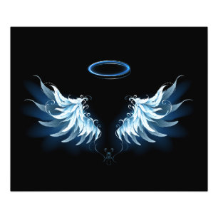 Blå glowing Angel Vingar på svart bakgrund Fototryck
