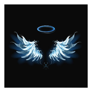 Blå glowing Angel Vingar på svart bakgrund Fototryck