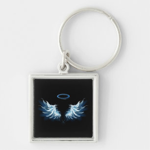 Blå glowing Angel Vingar på svart bakgrund Fyrkantig Silverfärgad Nyckelring