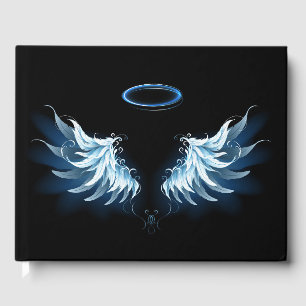 Blå glowing Angel Vingar på svart bakgrund Gästböcker