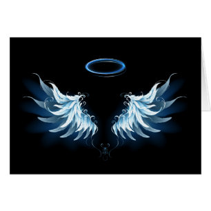 Blå glowing Angel Vingar på svart bakgrund Hälsningskort