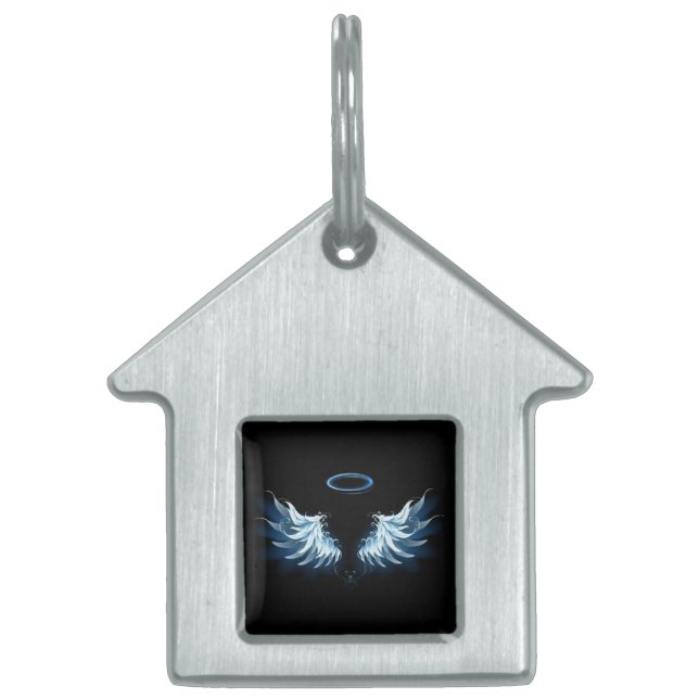 Blå glowing Angel Vingar på svart bakgrund ID-bricka Husdjur (Framsidan)