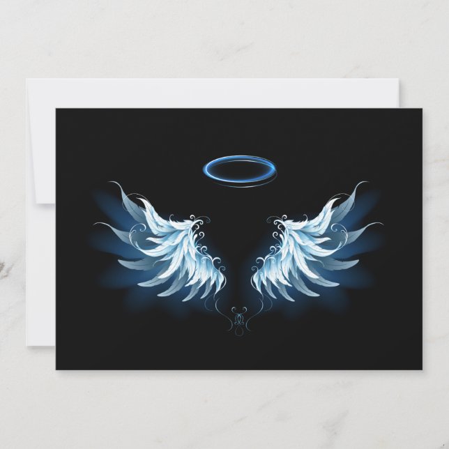 Blå glowing Angel Vingar på svart bakgrund Inbjudningar (Framsida)