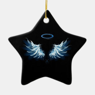 Blå glowing Angel Vingar på svart bakgrund Julgransprydnad Keramik