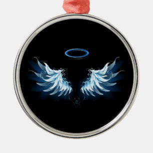 Blå glowing Angel Vingar på svart bakgrund Julgransprydnad Metall