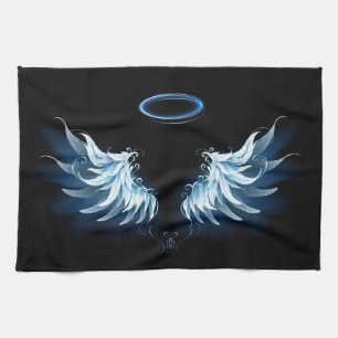 Blå glowing Angel Vingar på svart bakgrund Kökshandduk