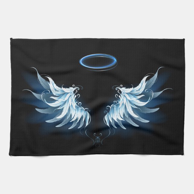 Blå glowing Angel Vingar på svart bakgrund Kökshandduk (Horisontell)