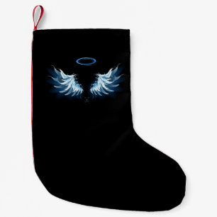 Blå glowing Angel Vingar på svart bakgrund Liten Julstrumpa