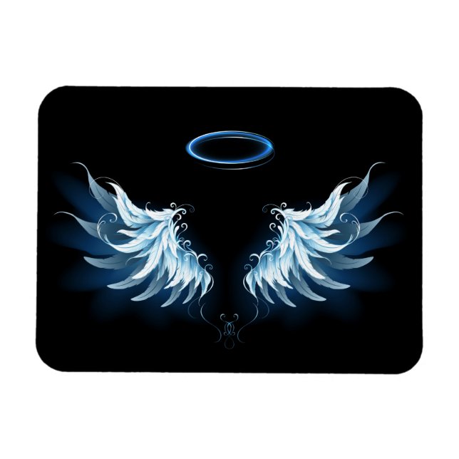 Blå glowing Angel Vingar på svart bakgrund Magnet (Horisontell)