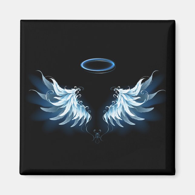 Blå glowing Angel Vingar på svart bakgrund Magnet (Framsidan)