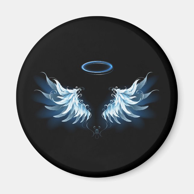 Blå glowing Angel Vingar på svart bakgrund Magnet (Framsidan)