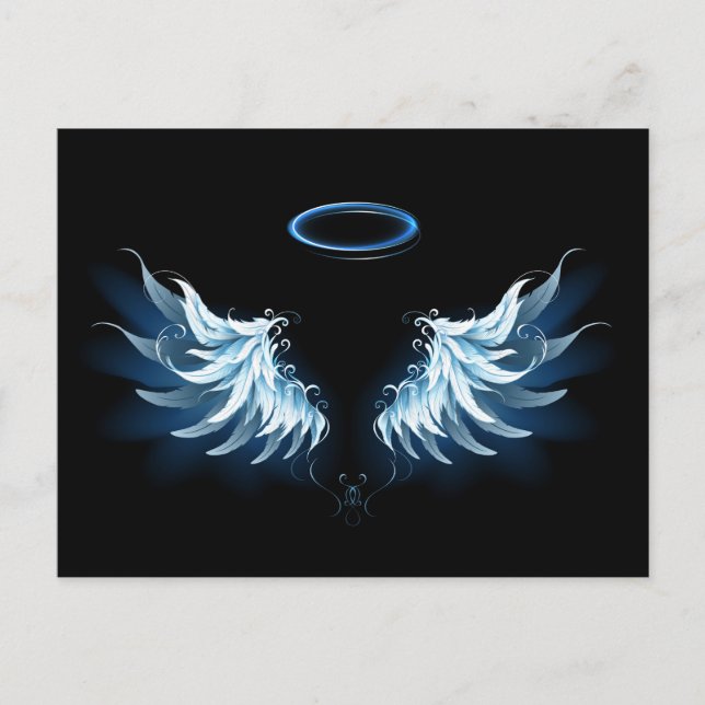Blå glowing Angel Vingar på svart bakgrund Meddelande Vykort (Framsida)