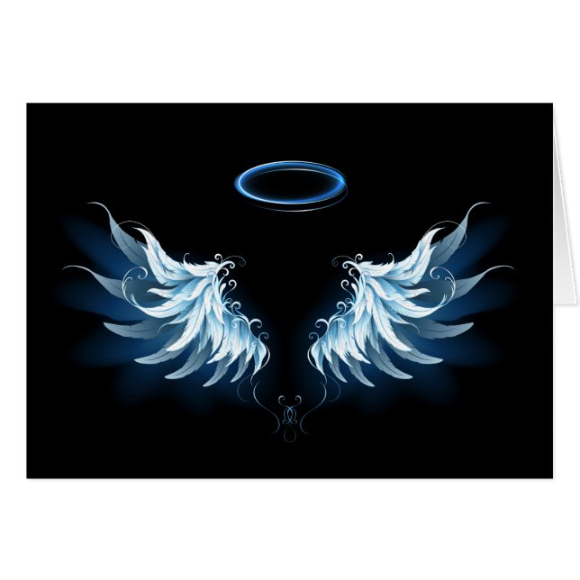 Blå glowing Angel Vingar på svart bakgrund OBS Kort (Framsidan Horizontal)