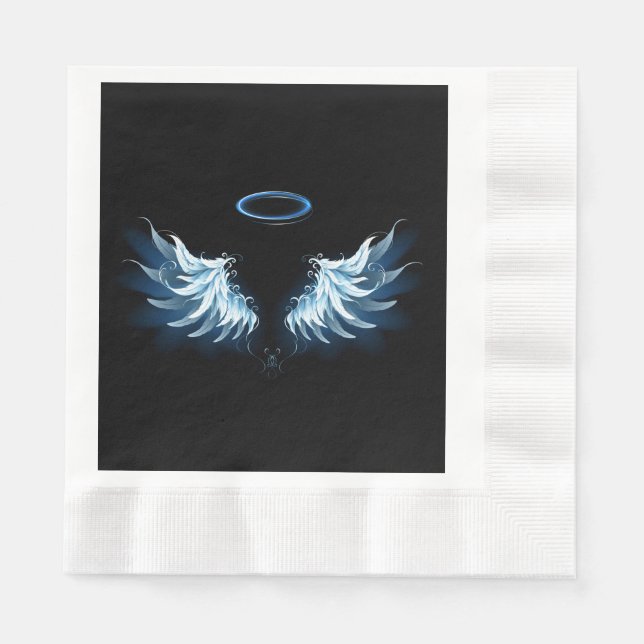 Blå glowing Angel Vingar på svart bakgrund Pappersservett (Framsidan)
