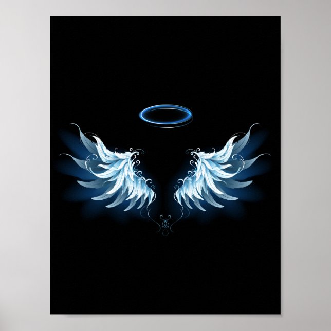 Blå glowing Angel Vingar på svart bakgrund Poster (Framsidan)