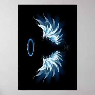 Blå glowing Angel Vingar på svart bakgrund Poster