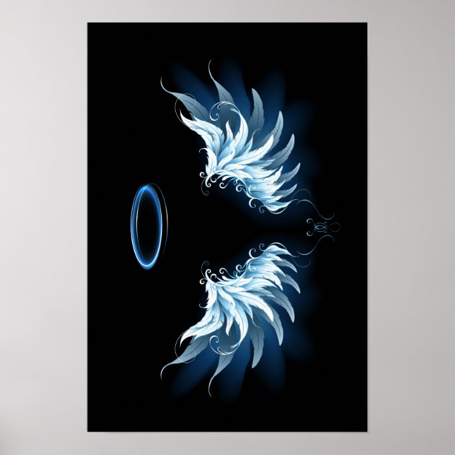 Blå glowing Angel Vingar på svart bakgrund Poster (Framsidan)