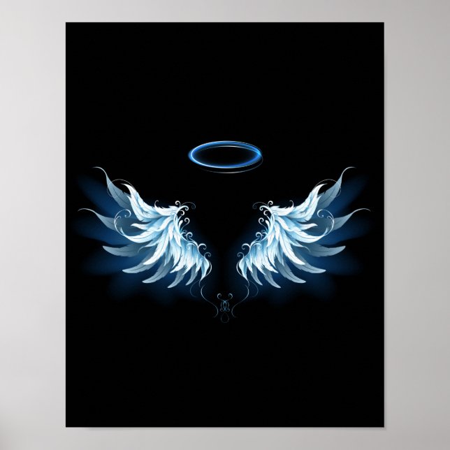 Blå glowing Angel Vingar på svart bakgrund Poster (Framsidan)