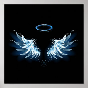 Blå glowing Angel Vingar på svart bakgrund Poster