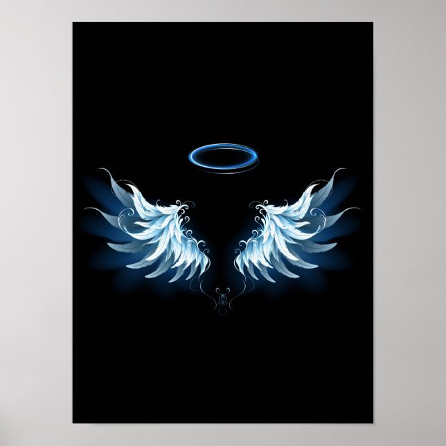 Blå glowing Angel Vingar på svart bakgrund Poster (Framsidan)
