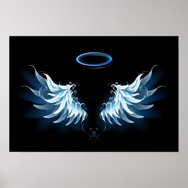 Blå glowing Angel Vingar på svart bakgrund Poster (Framsidan)