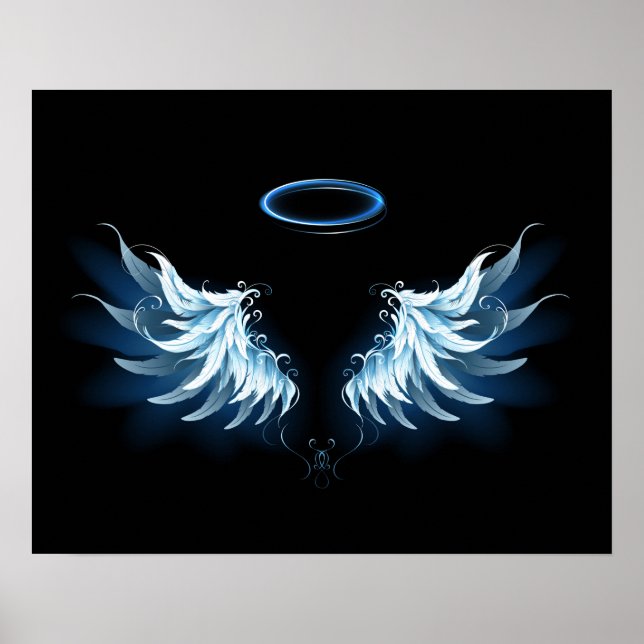 Blå glowing Angel Vingar på svart bakgrund Poster (Framsidan)