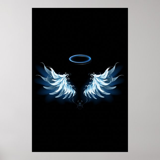 Blå glowing Angel Vingar på svart bakgrund Poster (Framsidan)
