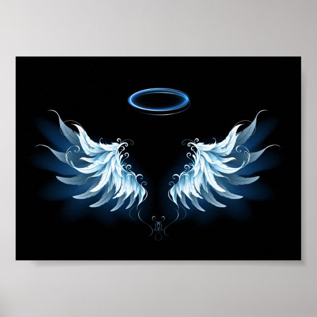 Blå glowing Angel Vingar på svart bakgrund Poster (Framsidan)