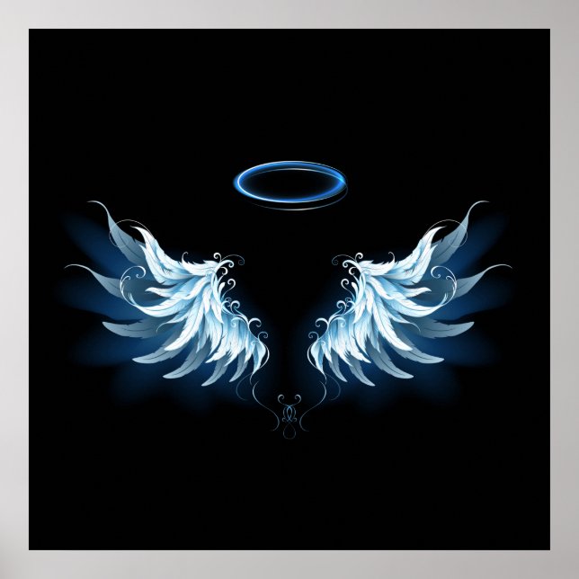 Blå glowing Angel Vingar på svart bakgrund Poster (Framsidan)