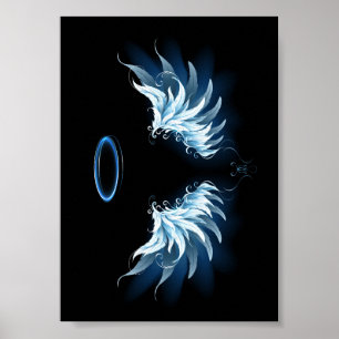Blå glowing Angel Vingar på svart bakgrund Poster