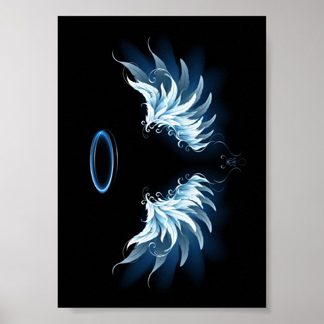Blå glowing Angel Vingar på svart bakgrund Poster (Framsidan)