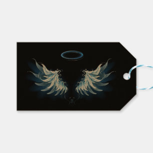 Blå glowing Angel Vingar på svart bakgrund Presentetikett