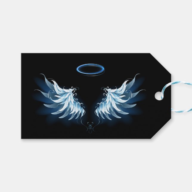 Blå glowing Angel Vingar på svart bakgrund Presentetikett (Framsidan (Horisontell))
