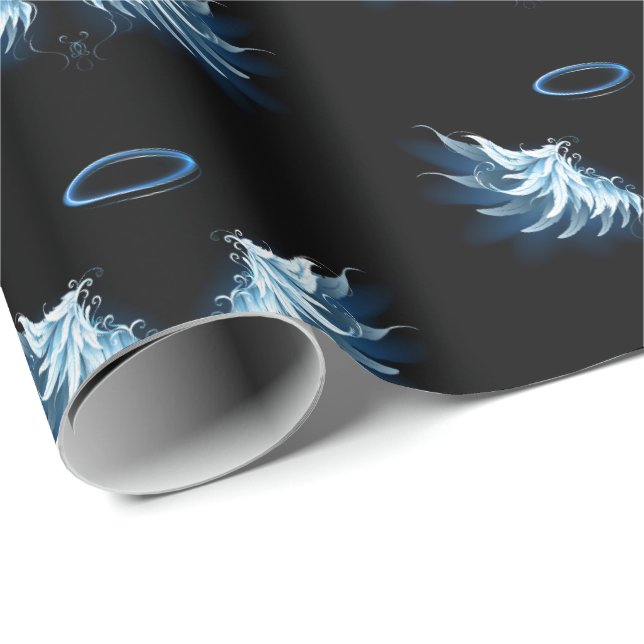 Blå glowing Angel Vingar på svart bakgrund Presentpapper (Rullad Hörn)