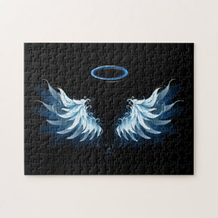 Blå glowing Angel Vingar på svart bakgrund Pussel