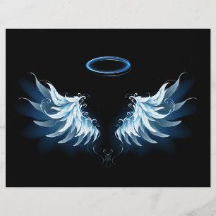 Blå glowing Angel Vingar på svart bakgrund Reklamblad