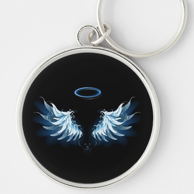 Blå glowing Angel Vingar på svart bakgrund Rund Silverfärgad Nyckelring (Framsidan)