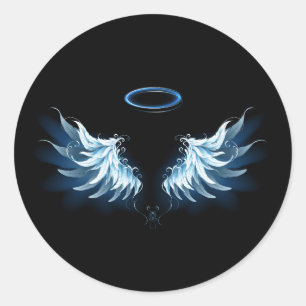 Blå glowing Angel Vingar på svart bakgrund Runt Klistermärke