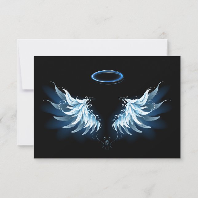 Blå glowing Angel Vingar på svart bakgrund Spara Datumet (Framsida)
